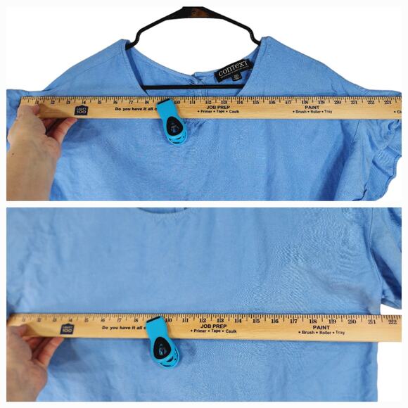Context Linen Peplum Top Blouse sz M Women Blue Flutter Sleeves Cottage Coastal - Picture 12 of 13